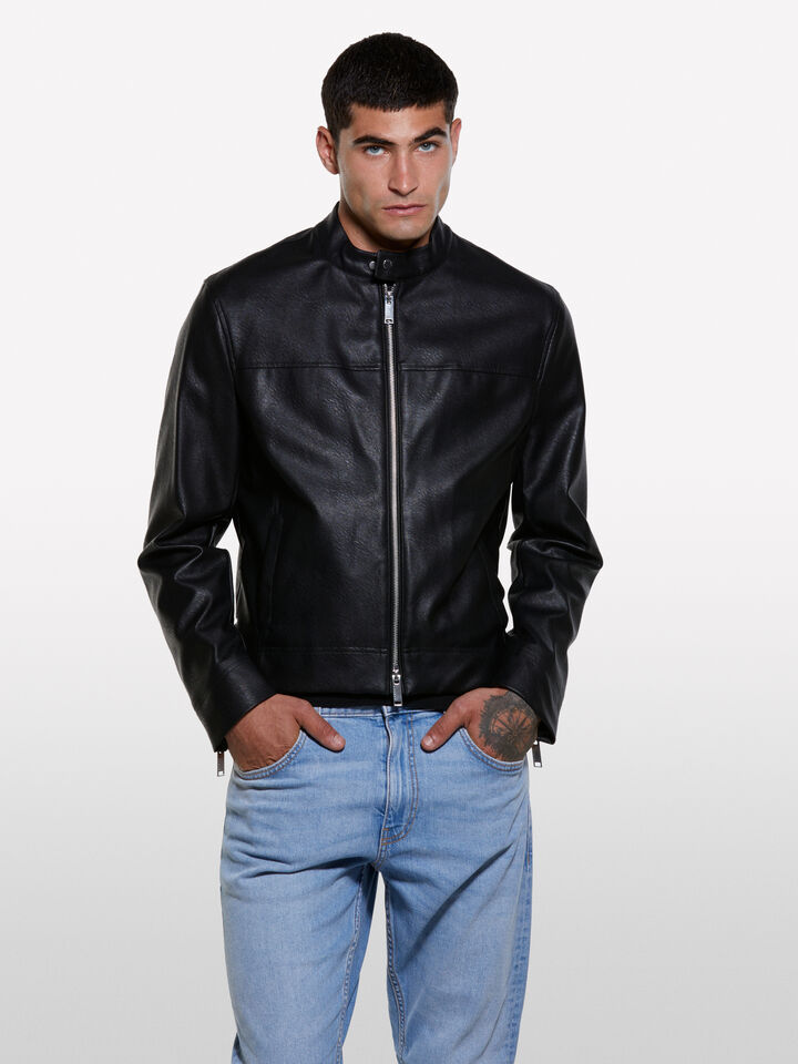 Black slim fit biker jacket - men's jackets and coats - Black | Sisley image number 3